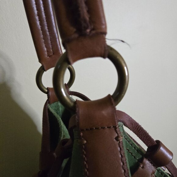 Lucky Brand Green Suede Brown Leather Trim Hobo Bucket Shoulder Bag 19"x14"x4" - Picture 9 of 13